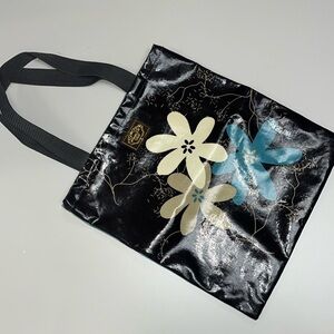 Modella plastic coated heavy fabric tote bag / brown and blue florals